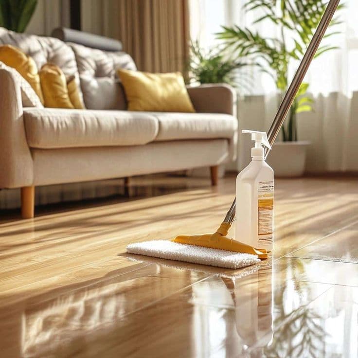 Mop and floor cleaner on a newly installed laminate floor